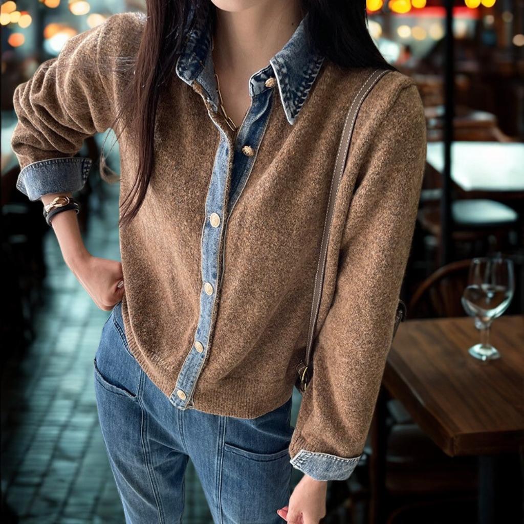 Denim Patchwork Knit Cardigan