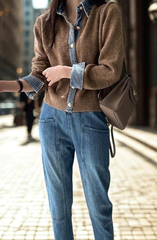 Denim Patchwork Knit Cardigan