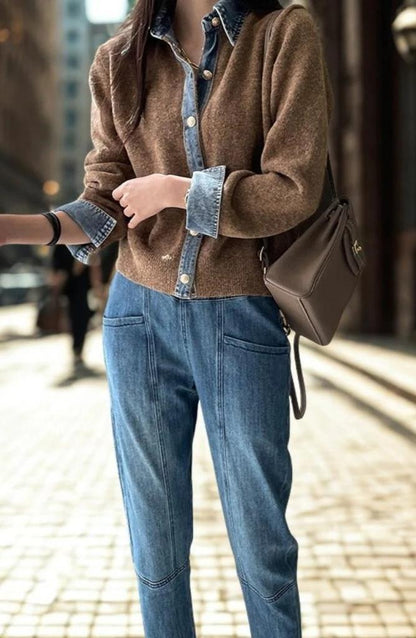 Denim Patchwork Knit Cardigan