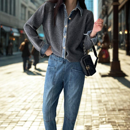 Denim Patchwork Knit Cardigan