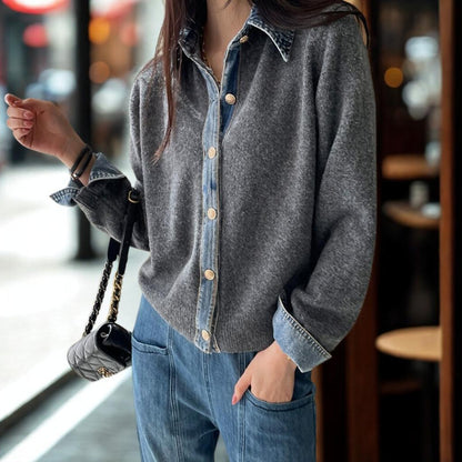 Denim Patchwork Knit Cardigan