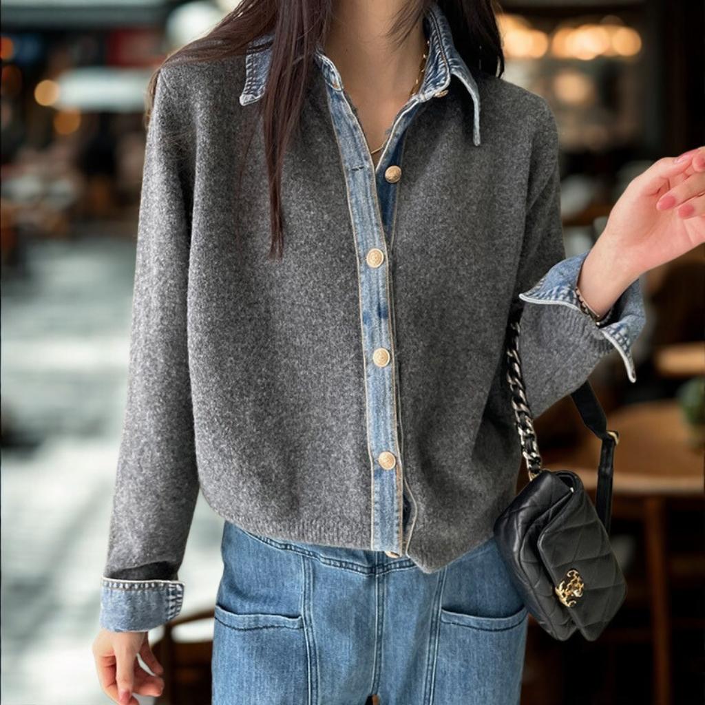 Denim Patchwork Knit Cardigan