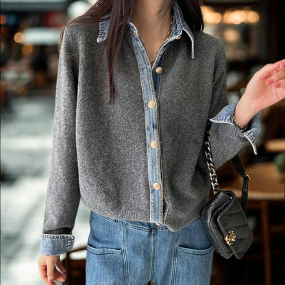 Denim Patchwork Knit Cardigan