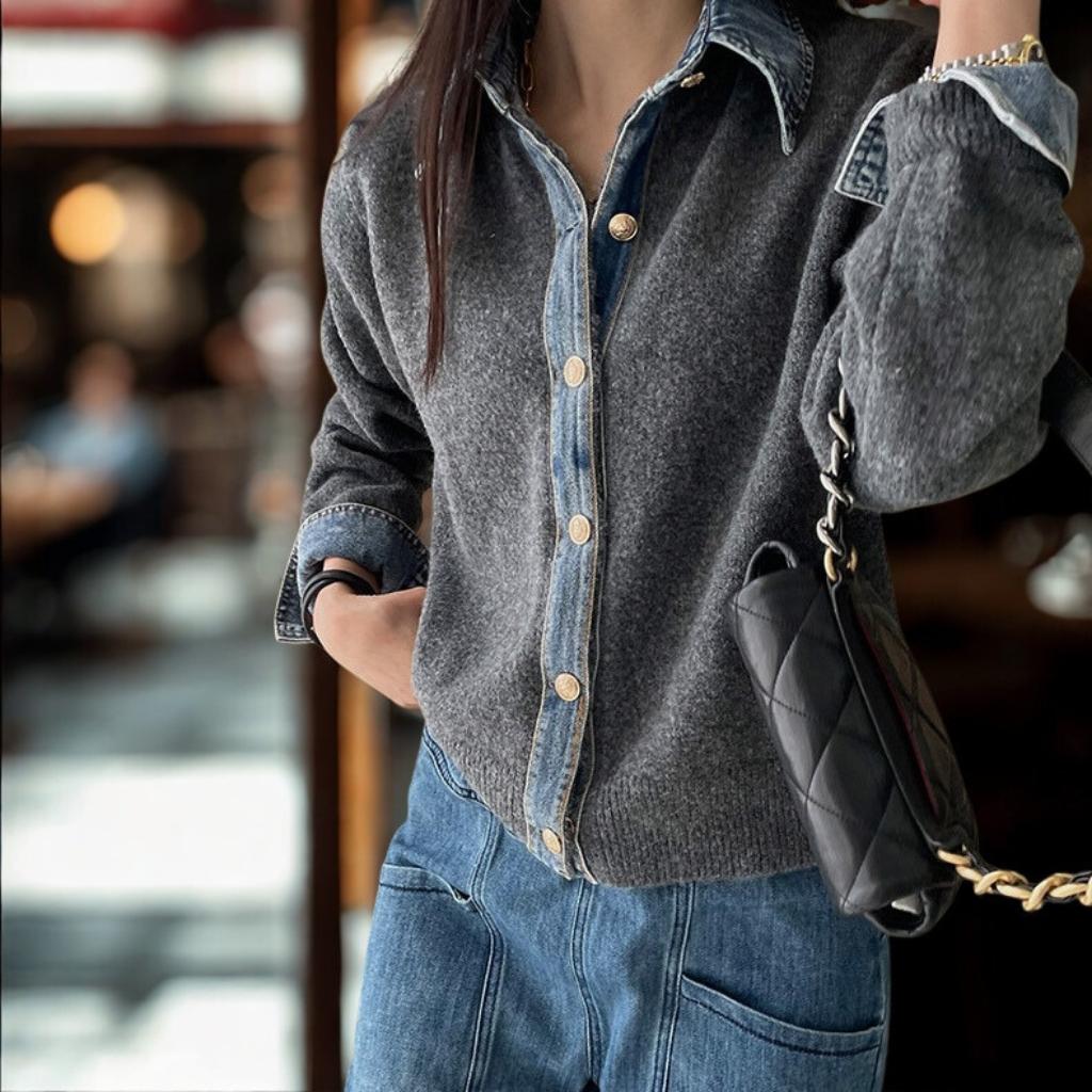 Denim Patchwork Knit Cardigan