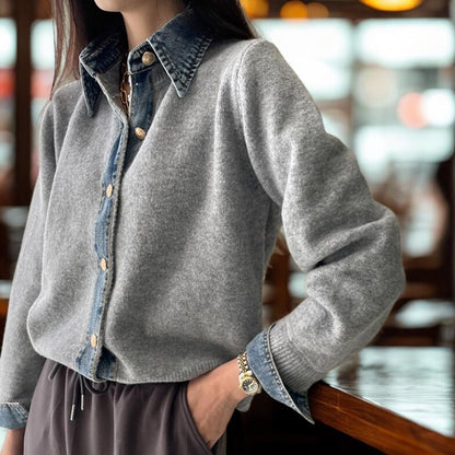 Denim Patchwork Knit Cardigan