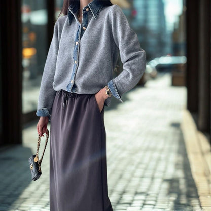 Denim Patchwork Knit Cardigan