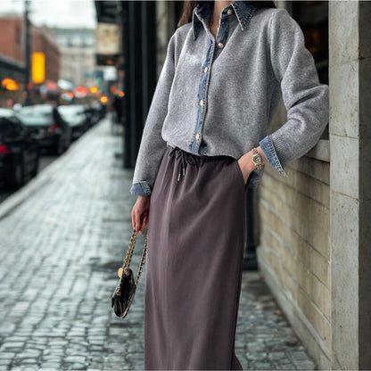 Denim Patchwork Knit Cardigan