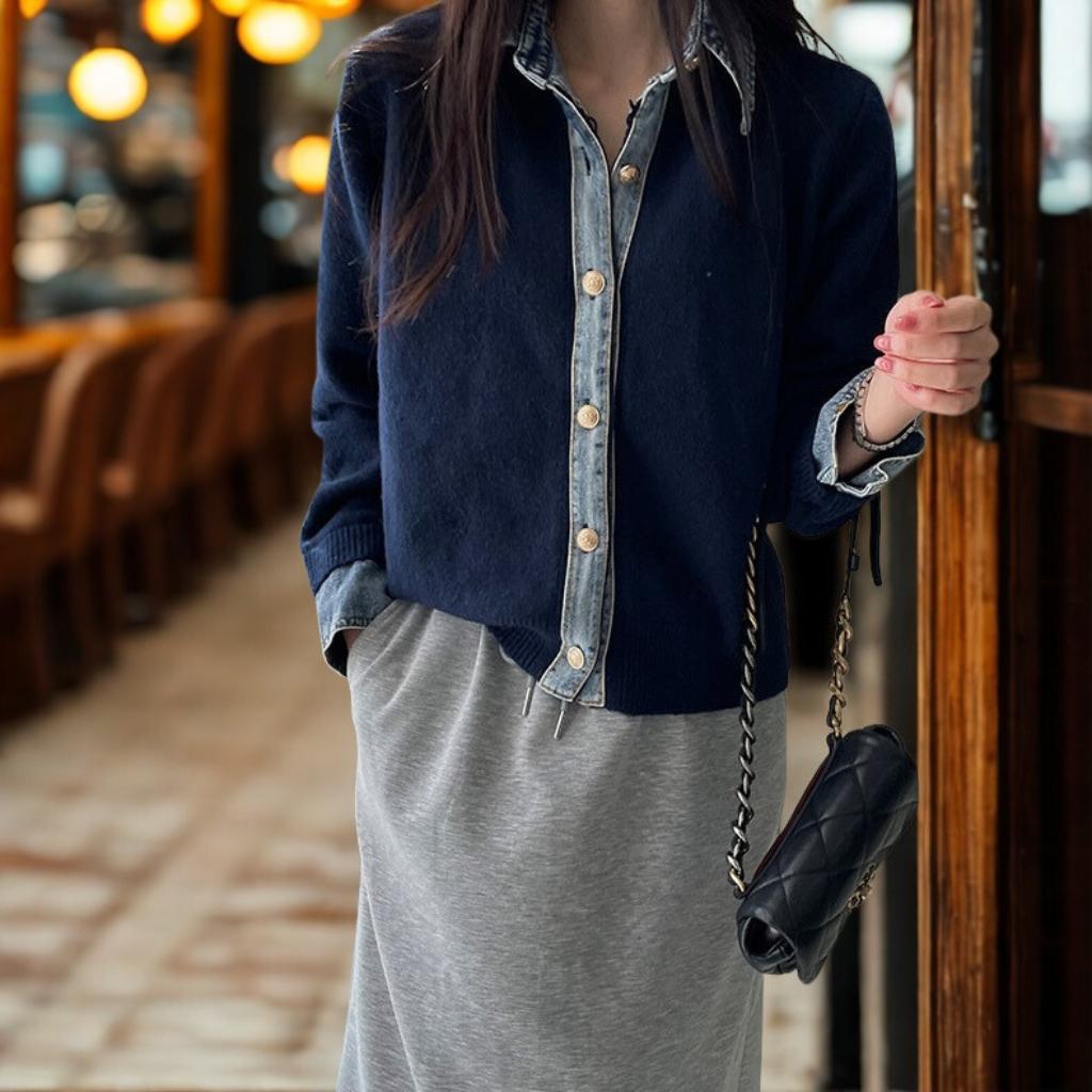 Denim Patchwork Knit Cardigan