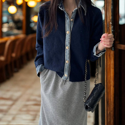 Denim Patchwork Knit Cardigan