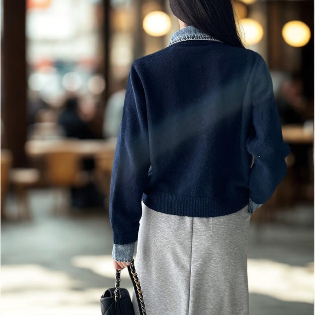 Denim Patchwork Knit Cardigan