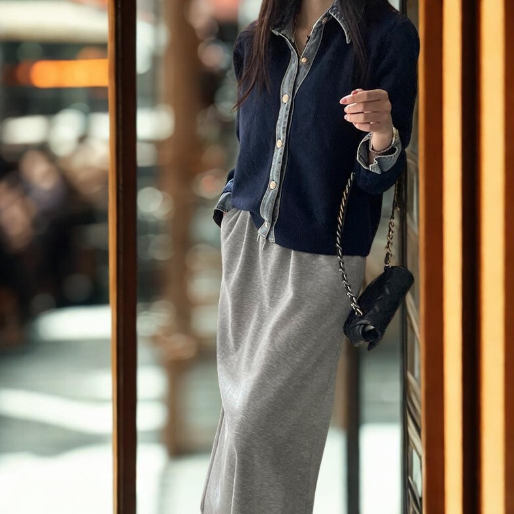 Denim Patchwork Knit Cardigan