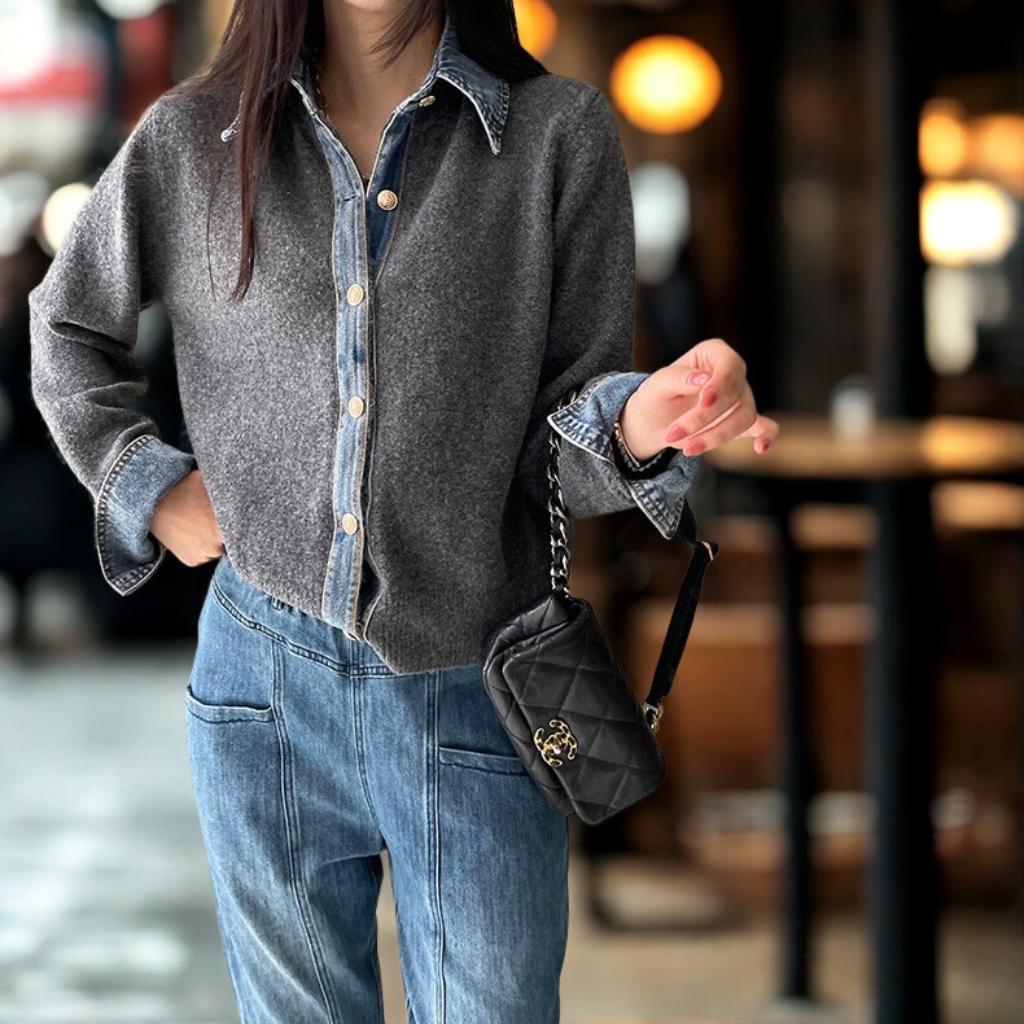 Denim Patchwork Knit Cardigan