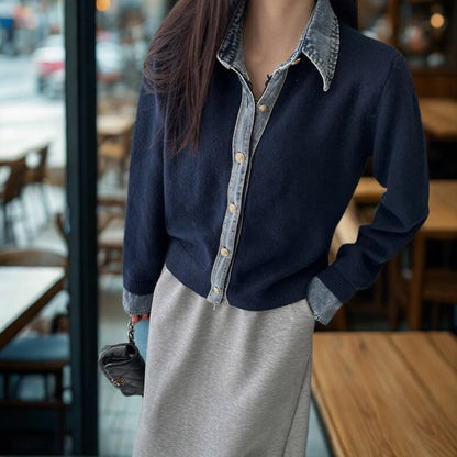 Denim Patchwork Knit Cardigan