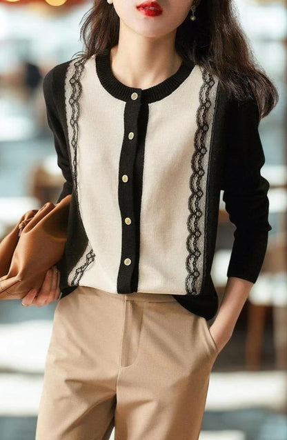 Elegant Lace-Trimmed Knit Cardigan