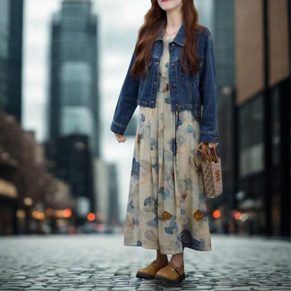 French-Style Artistic Floral Print Sleeveless A-Line Dress