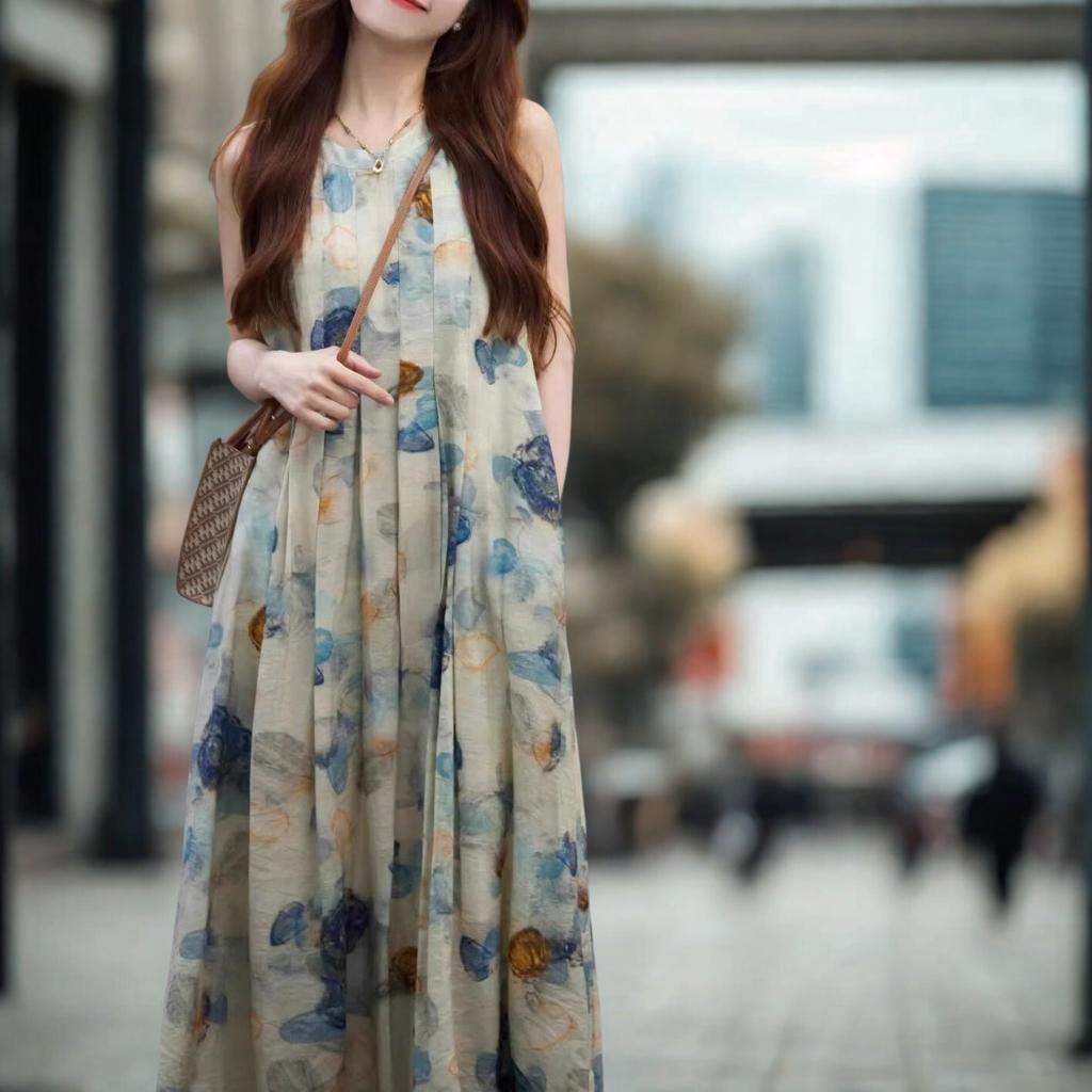 French-Style Artistic Floral Print Sleeveless A-Line Dress