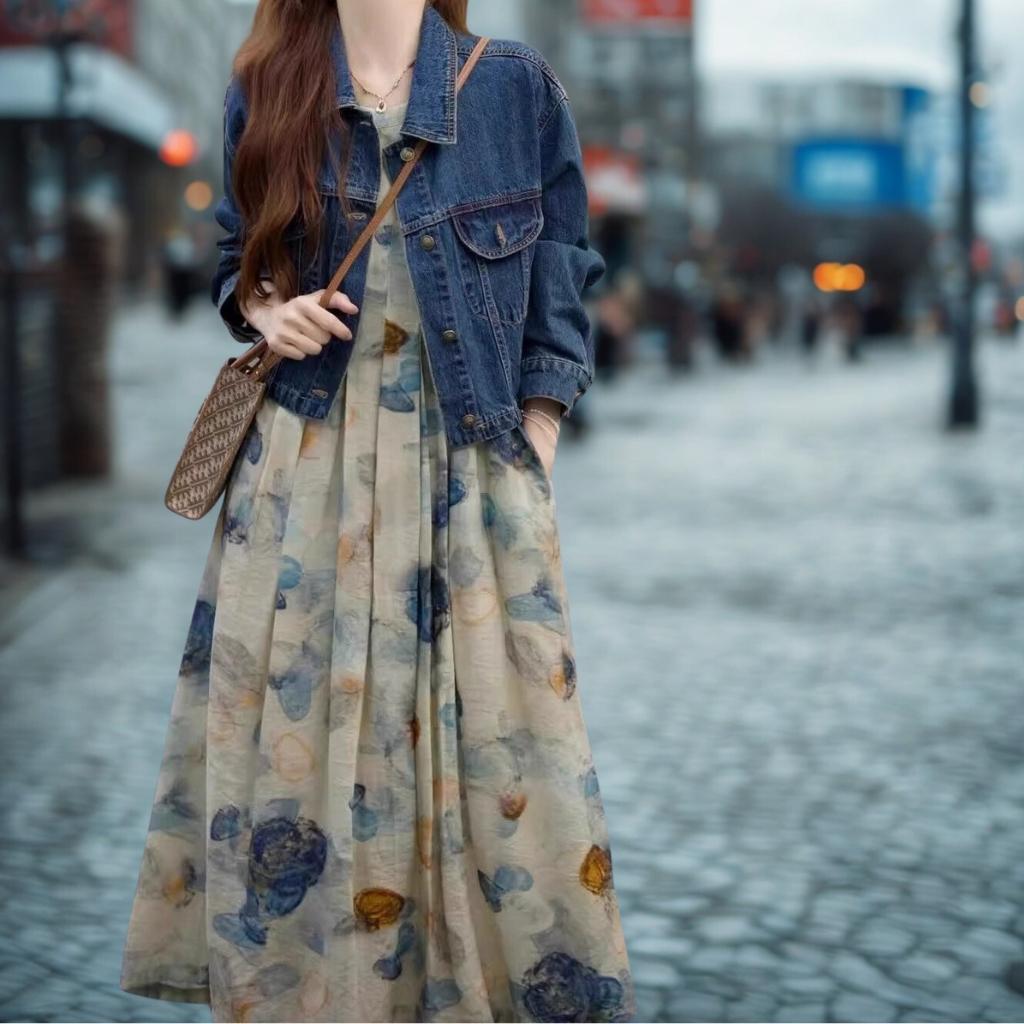 French-Style Artistic Floral Print Sleeveless A-Line Dress