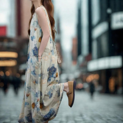 French-Style Artistic Floral Print Sleeveless A-Line Dress