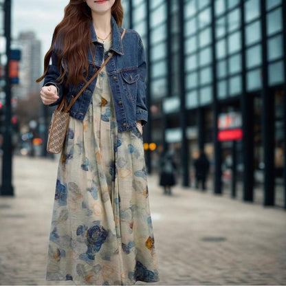 French-Style Artistic Floral Print Sleeveless A-Line Dress