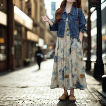 French-Style Artistic Floral Print Sleeveless A-Line Dress