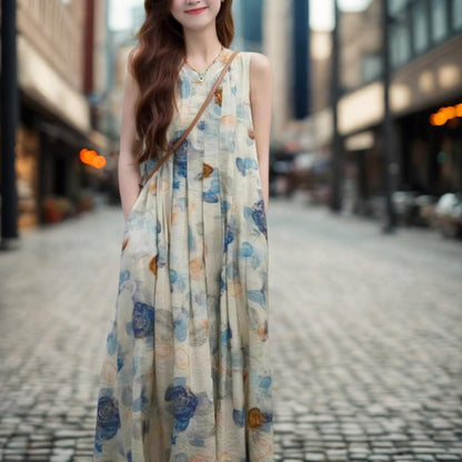 French-Style Artistic Floral Print Sleeveless A-Line Dress