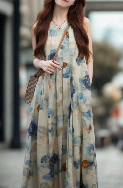 French-Style Artistic Floral Print Sleeveless A-Line Dress