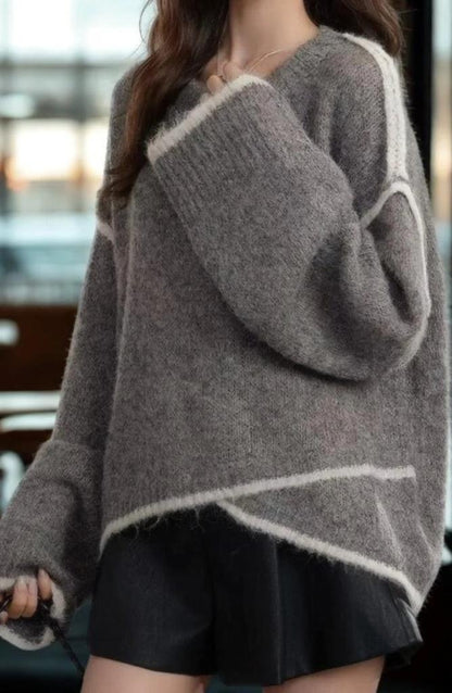 Irregular Contrast Stripe Relaxed Fit Sweater