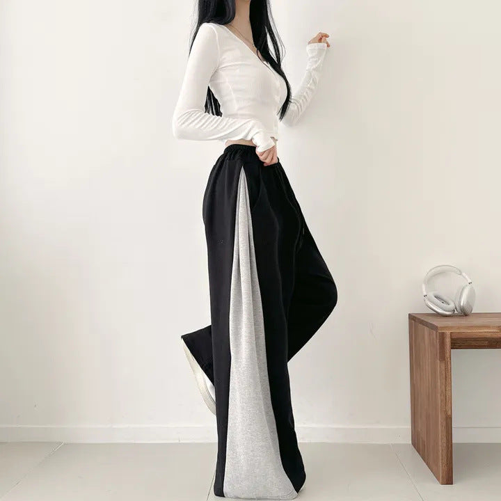 Korean Style Color-Block Wide-Leg Sweatpants (Optional Fleece Lining) | Womens High-Waist Straight Leg Casual Trousers