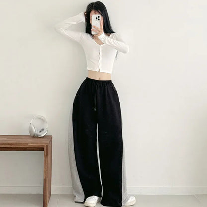 Korean Style Color-Block Wide-Leg Sweatpants (Optional Fleece Lining) | Womens High-Waist Straight Leg Casual Trousers