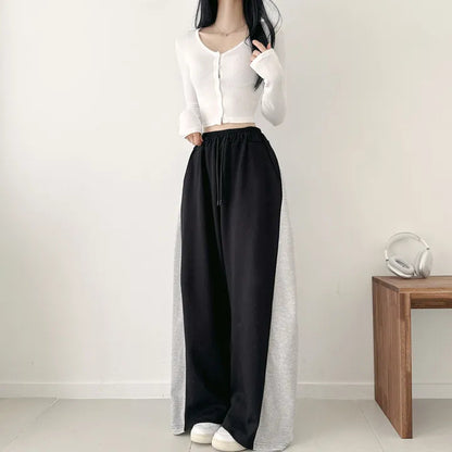 Korean Style Color-Block Wide-Leg Sweatpants (Optional Fleece Lining) | Womens High-Waist Straight Leg Casual Trousers
