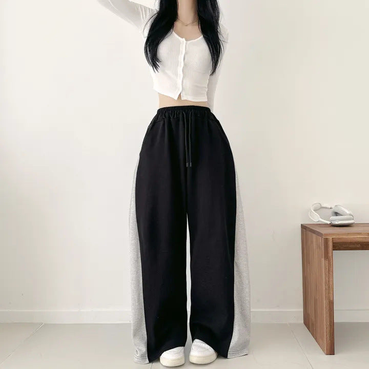 Korean Style Color-Block Wide-Leg Sweatpants (Optional Fleece Lining) | Womens High-Waist Straight Leg Casual Trousers