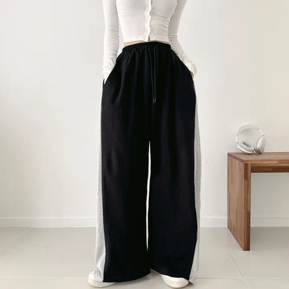 Korean Style Color-Block Wide-Leg Sweatpants (Optional Fleece Lining) | Womens High-Waist Straight Leg Casual Trousers