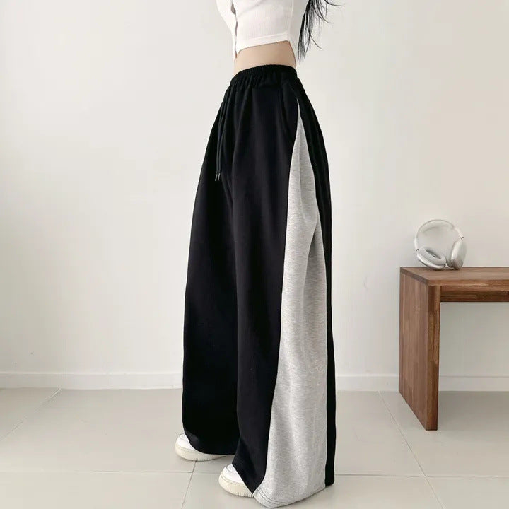 Korean Style Color-Block Wide-Leg Sweatpants (Optional Fleece Lining) | Womens High-Waist Straight Leg Casual Trousers