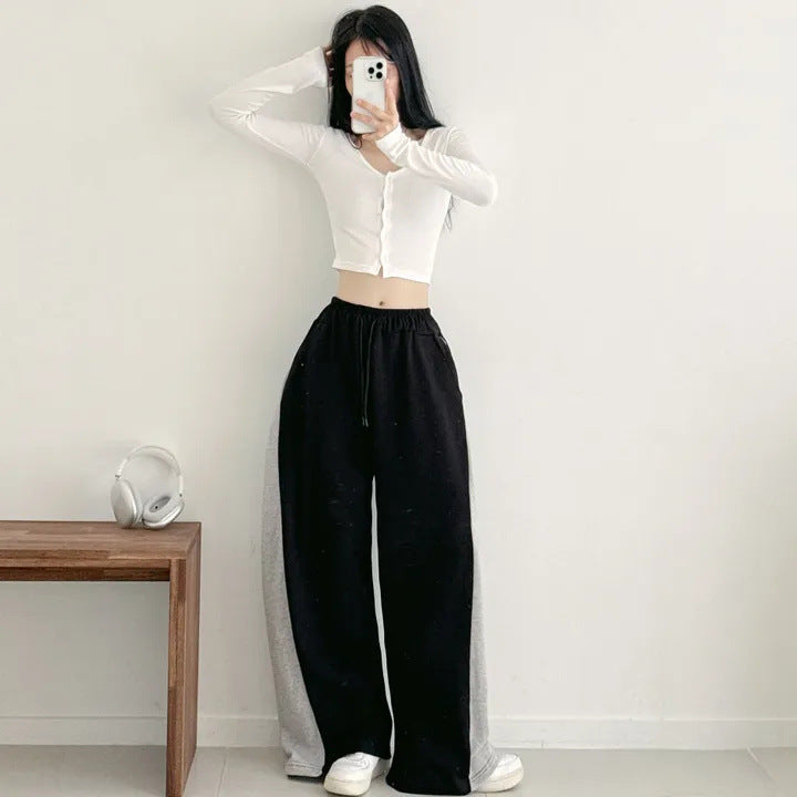 Korean Style Color-Block Wide-Leg Sweatpants (Optional Fleece Lining) | Womens High-Waist Straight Leg Casual Trousers