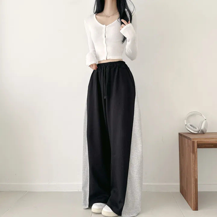 Korean Style Color-Block Wide-Leg Sweatpants (Optional Fleece Lining) | Womens High-Waist Straight Leg Casual Trousers