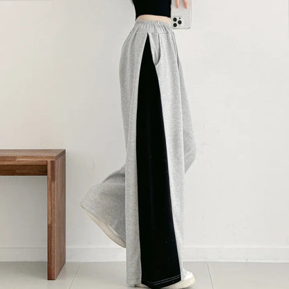 Korean Style Color-Block Wide-Leg Sweatpants (Optional Fleece Lining) | Womens High-Waist Straight Leg Casual Trousers