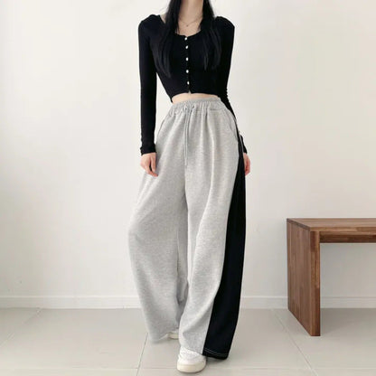 Korean Style Color-Block Wide-Leg Sweatpants (Optional Fleece Lining) | Womens High-Waist Straight Leg Casual Trousers