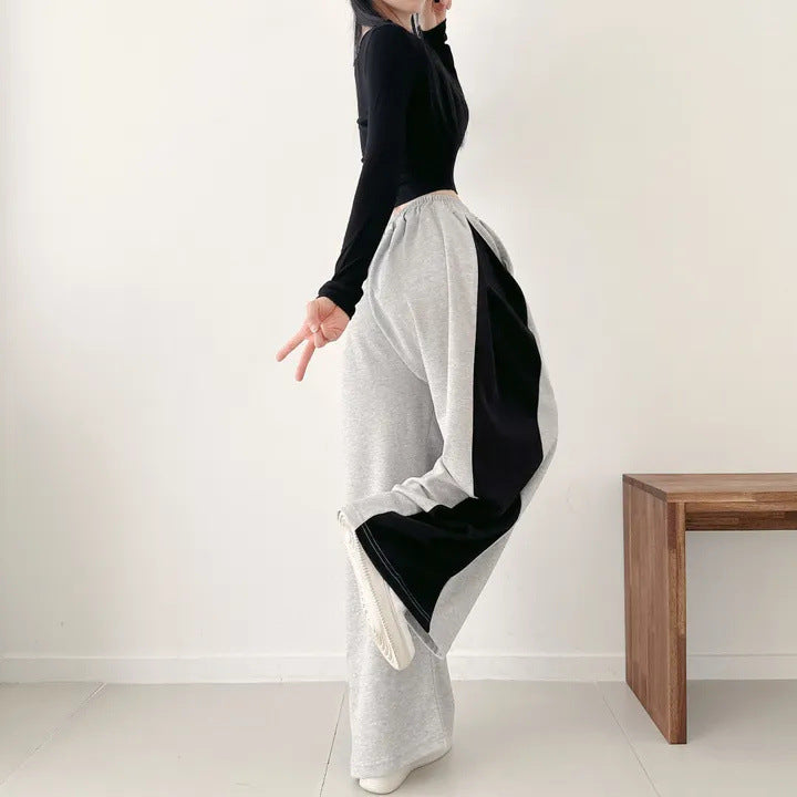 Korean Style Color-Block Wide-Leg Sweatpants (Optional Fleece Lining) | Womens High-Waist Straight Leg Casual Trousers