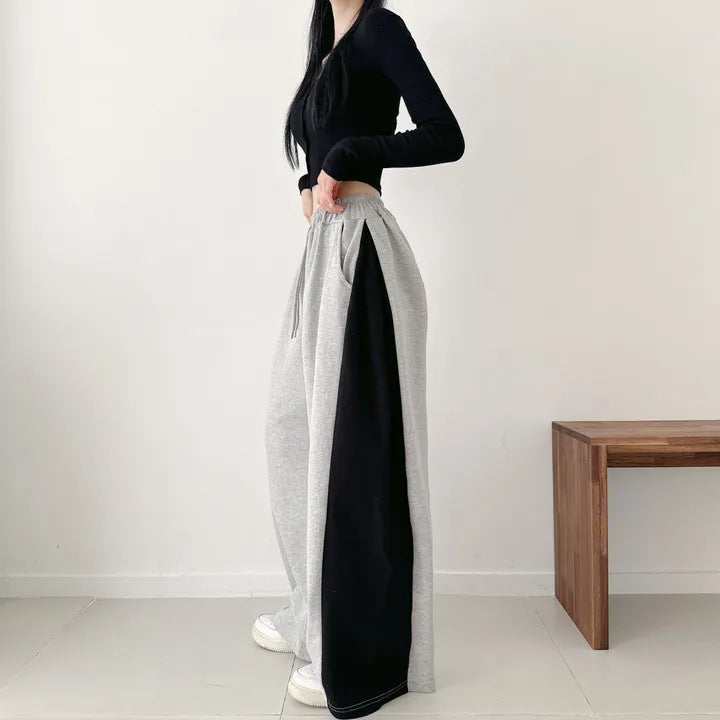 Korean Style Color-Block Wide-Leg Sweatpants (Optional Fleece Lining) | Womens High-Waist Straight Leg Casual Trousers