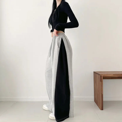 Korean Style Color-Block Wide-Leg Sweatpants (Optional Fleece Lining) | Womens High-Waist Straight Leg Casual Trousers