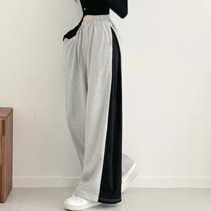Korean Style Color-Block Wide-Leg Sweatpants (Optional Fleece Lining) | Womens High-Waist Straight Leg Casual Trousers