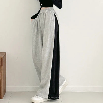 Korean Style Color-Block Wide-Leg Sweatpants (Optional Fleece Lining) | Womens High-Waist Straight Leg Casual Trousers