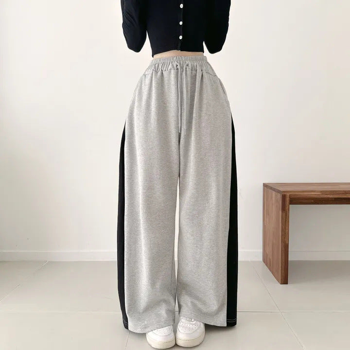 Korean Style Color-Block Wide-Leg Sweatpants (Optional Fleece Lining) | Womens High-Waist Straight Leg Casual Trousers