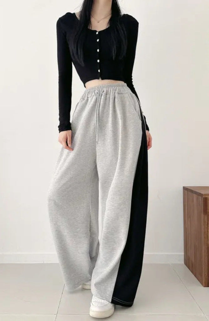 Korean Style Color-Block Wide-Leg Sweatpants (Optional Fleece Lining) | Womens High-Waist Straight Leg Casual Trousers