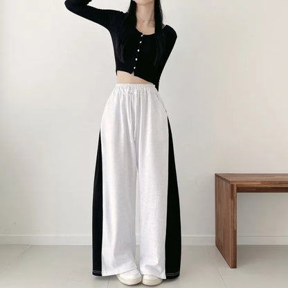Korean Style Color-Block Wide-Leg Sweatpants (Optional Fleece Lining) | Womens High-Waist Straight Leg Casual Trousers