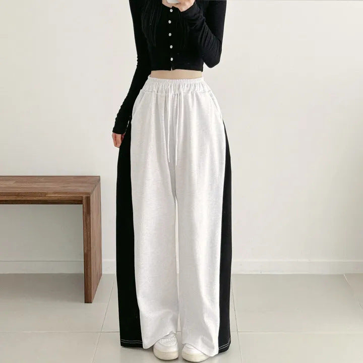 Korean Style Color-Block Wide-Leg Sweatpants (Optional Fleece Lining) | Womens High-Waist Straight Leg Casual Trousers