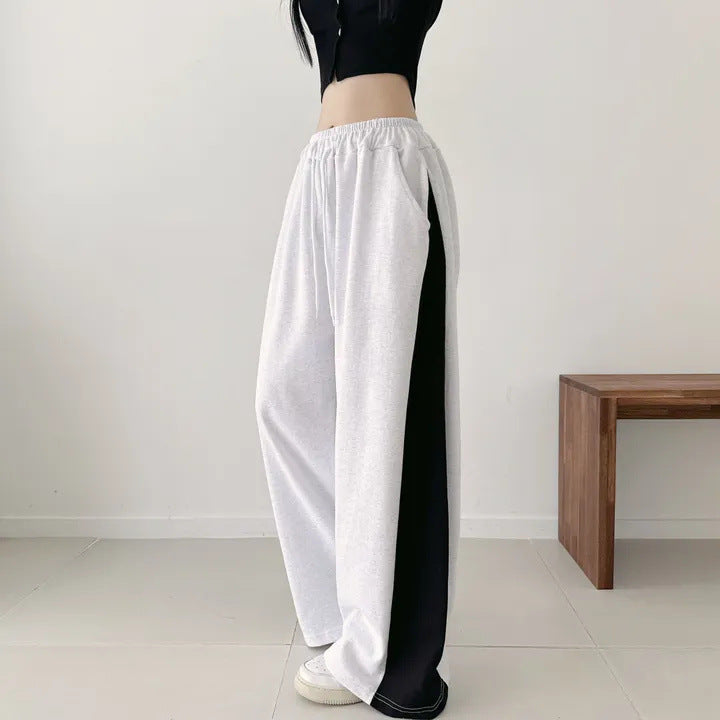 Korean Style Color-Block Wide-Leg Sweatpants (Optional Fleece Lining) | Womens High-Waist Straight Leg Casual Trousers
