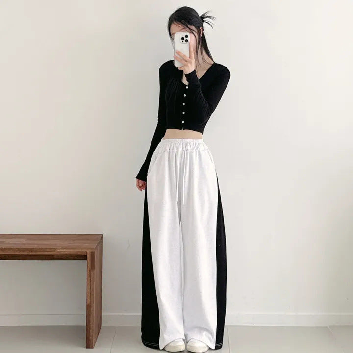 Korean Style Color-Block Wide-Leg Sweatpants (Optional Fleece Lining) | Womens High-Waist Straight Leg Casual Trousers