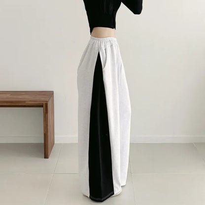 Korean Style Color-Block Wide-Leg Sweatpants (Optional Fleece Lining) | Womens High-Waist Straight Leg Casual Trousers
