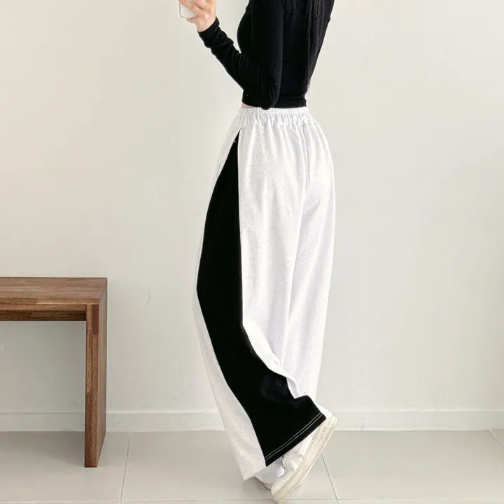 Korean Style Color-Block Wide-Leg Sweatpants (Optional Fleece Lining) | Womens High-Waist Straight Leg Casual Trousers